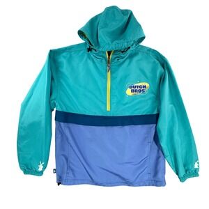 Dutch Bros Coffee Windbreaker Teal Blue Colorblock Quarter Zip Hooded Jacket M